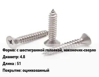 Саморез с шестигранной головкой, наконечик-сверло D=4.8 L=51 оцинкованный